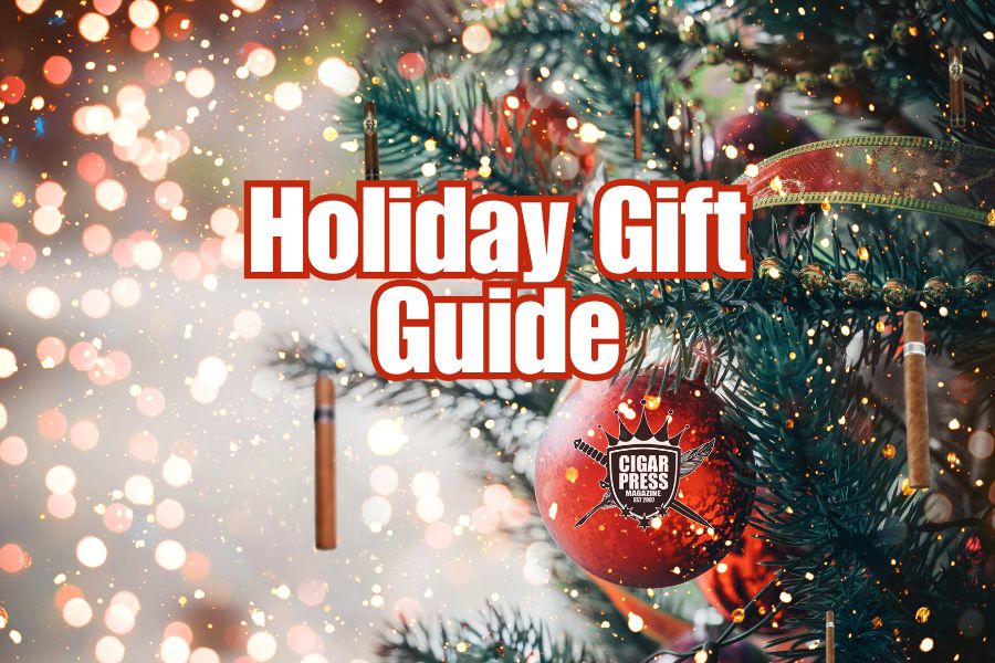 Image of Christmas Tree with Cigar Ornaments and Words "Holiday Gift Guide"